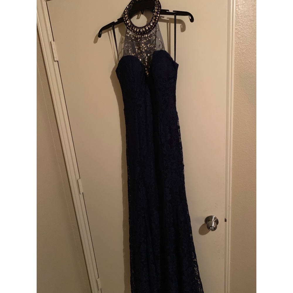 B Darlin Navy with Gold Embellishments Long Gown